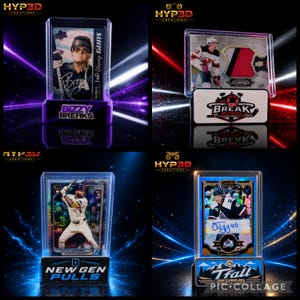 May include: Four sports trading cards displayed in clear protective cases on custom stands. The cards feature hockey and baseball players, including an autographed card, a jersey patch card, and a rookie card, with branding logos visible on each stand.