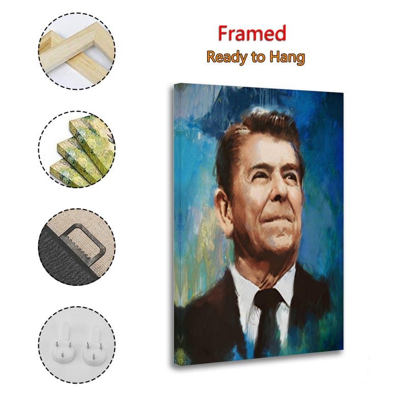 K&ouml;nnte beinhalten: Gerahmtes Leinwandbild mit einem Portr&auml;t eines Mannes in Anzug und Krawatte, mit blauem und gr&uuml;nem Hintergrund. Der Text "Framed Ready to Hang" ist rot dargestellt. Die Leinwand ist fertig zum Aufh&auml;ngen.