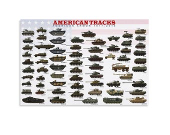 May include: A poster titled "American Tracks" showing American tanks from 1917-2015. The poster has a white background with a red and white American flag design at the top. The tanks are in shades of green, brown, and grey.