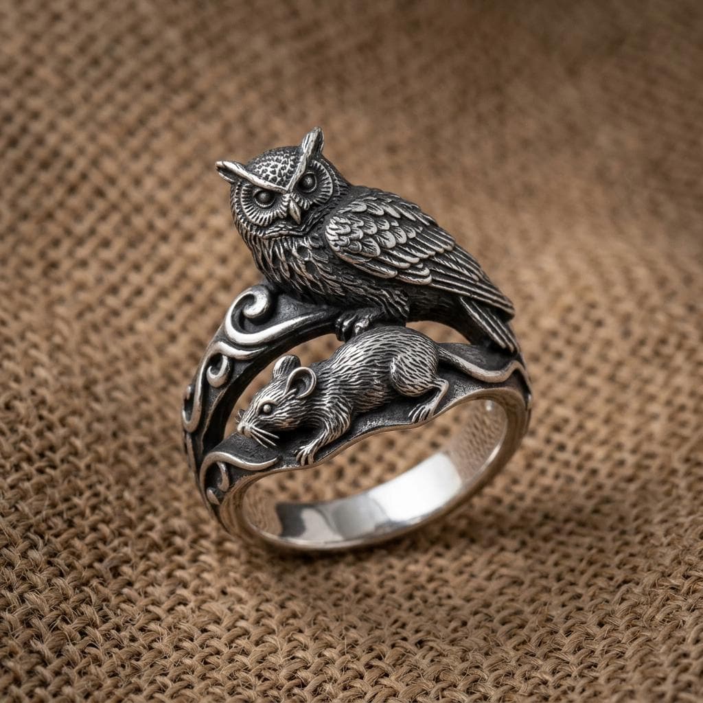 Owl and Mouse Ring Silver Animal Wrap Band Gothic Nature Jewelry