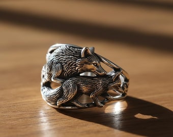 Oxidized Sterling Silver Wolf and Fox Ring, Sculptural Animal Totem