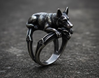 Gothic German Shepherd Ring, Sterling Silver Dog Ring, Dark Gargoyle Claw Style Band