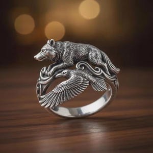 Varg Korp Ring, Oxiderat Silver Djurslinga, Nordiska Viking Gotiska Vilda Djur Smycken