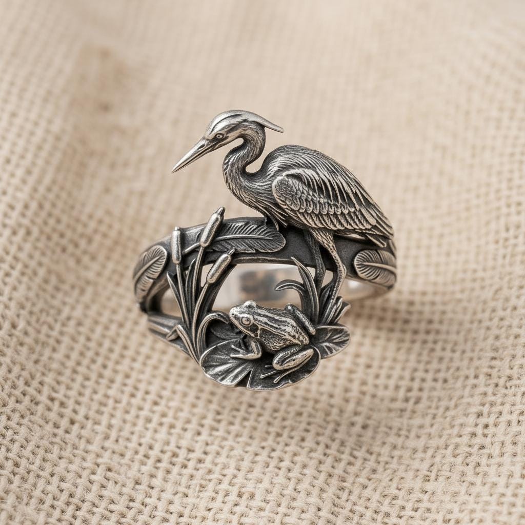 Heron Frog Statement Ring, Silver Adjustable Bird Nature Wrap Ring - Etsy