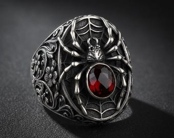 Gothic Spider Ring with Red Gemstone, Oxidized Silver Statement Jewelry