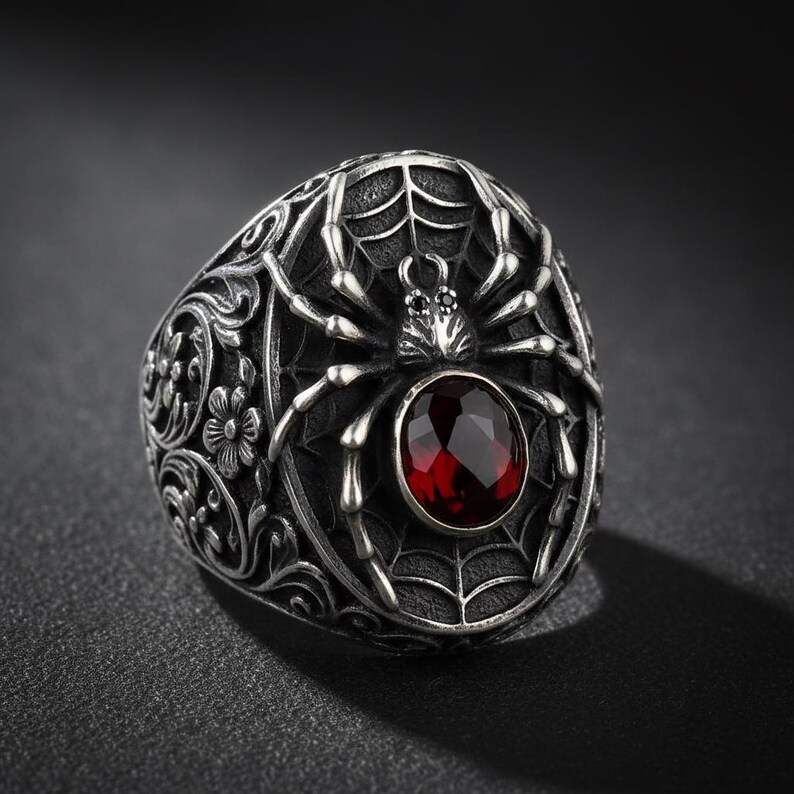 Creepy Rin Gothic Spider Ring With Red Gemstone, Oxidized Silver Statement Jewelry ...