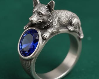 Silver Corgi Dog Ring with Blue Gemstone, Animal Statement Jewelry