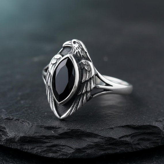 Oxidized Sterling Silver Raven Ring, Black Onyx, Gothic Bird Jewelry
