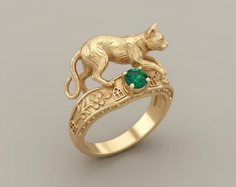 Anillo de gato gótico, piedra verde esmeralda, plata de ley bañada en oro de 18 quilates