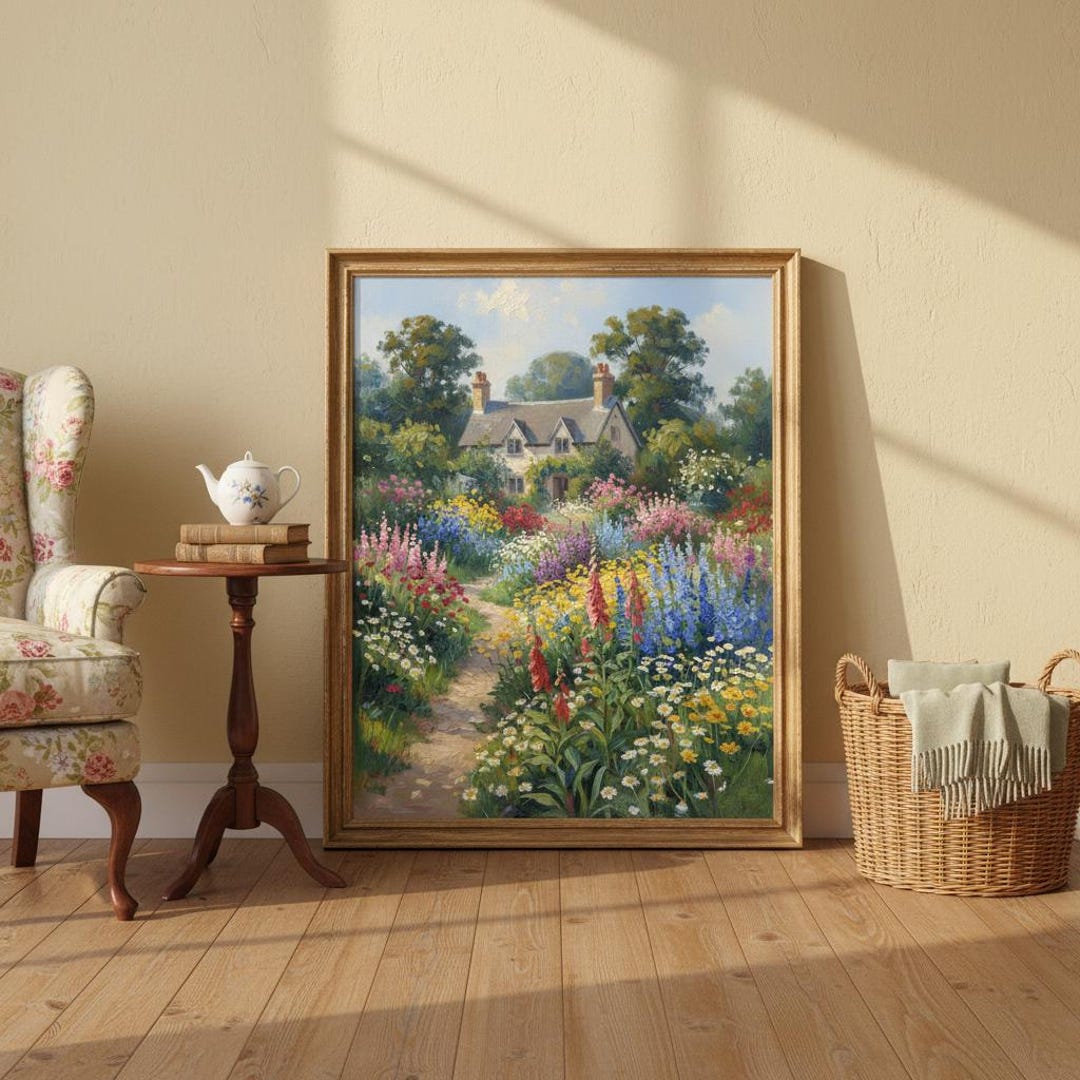 Printable Cottage Garden Wall Art Spring Landscape Painting Print ...