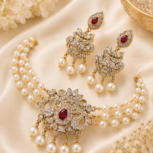 May include: A gold-toned jewelry set featuring a necklace and matching earrings. The necklace has three strands of pearls and a central pendant with a red gemstone and clear crystals. The earrings have a similar design, with a red gemstone and dangling pearls.