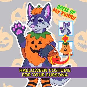 Puede incluir: Una ilustración digital de un personaje parecido a un lobo morado con un disfraz de calabaza, sombrero a juego y un cubo de calabaza. El texto dice DRESS UP MY FURRY y HALLOWEEN COSTUME FOR YOUR FURSONA. El personaje tiene almohadillas rosas.