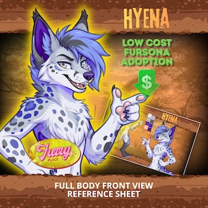 May include: Illustration of a hyena-like character with blue and purple hair, white fur with blue spots, and a smiling expression. The image includes the text "HYENA" and "LOW COST FURSONA ADOPTION". A reference sheet is also shown.
