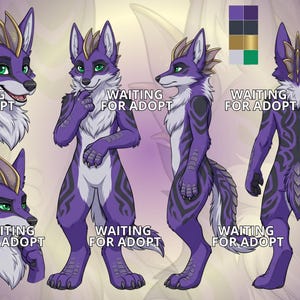 May include: A digital character reference sheet featuring an anthropomorphic purple wolf-like creature with green eyes, gold-toned head spikes, and dark purple tribal markings. The sheet displays multiple views, including headshots and full-body poses.