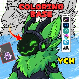 Base PSD para colorir Furry Protogen, Modelo de Fursona Canina, Avatar Cibernético Fácil de Usar, Modelo de Adoção de Femboy Estrela (Arte Linear Digital) YCH