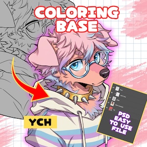 Könnte beinhalten: Digitales Kunstwerk eines Cartoon-Hundes mit rosa und blauem Fell, der eine Brille und ein Stachelhalsband trägt. Der Text enthält "COLORING BASE", "YCH" und "PSD EASY TO USE FILE". Der Hintergrund hat ein Rastermuster.