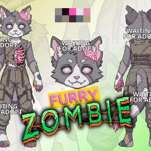 May include: A digital character reference sheet featuring a grey and white zombie cat creature with exposed pink brain and ribcage details, stitched fur patterns, and cargo pants. The text reads WAITING FOR ADOPT and FURRY ZOMBIE.
