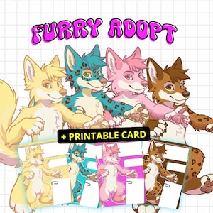 Puede incluir: Ilustración digital de cuatro personajes antropomórficos en amarillo, turquesa, rosa y marrón. Cada personaje tiene un diseño único. Debajo, tarjetas imprimibles a juego. El texto "FURRY ADOPT" se muestra arriba.