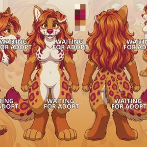 Puede incluir: Una hoja de referencia de personaje digital que presenta una criatura felina antropomórfica con cabello largo naranja, pelaje marrón y manchas de color marrón rojizo. La ilustración muestra varias poses con el texto WAITING FOR ADOPT.