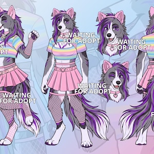 Op de afbeelding: Een digitaal karakterreferentieblad met een antropomorfe wolf met grijze vacht, paarse haarlokken en roze oren. Het personage draagt een pastelkleurige regenboog crop top, een roze geplooide rok, visnetkousen en een hartvormige halsband.