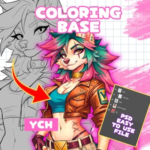 Peut inclure: Illustration numérique d'un personnage de loup anthropomorphe aux cheveux roses et verts, vêtu d'une veste marron et d'un haut bleu. Le texte "COLORING BASE", "YCH" et "PSD EASY TO USE FILE" est inclus.