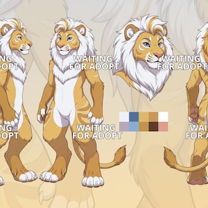 Puede incluir: Una hoja de referencia de personaje digital que muestra un león antropomórfico con pelaje color bronceado dorado, rayas blancas tipo tigre y una melena blanca. La ilustración muestra cuatro vistas del león y una paleta de colores con el texto WAITING FOR ADOPT.