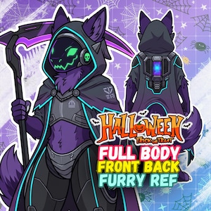 May include: A digital illustration of a purple anthropomorphic creature wearing a dark hooded cloak, armor, and a glowing visor, holding a scythe. The image shows front and back views with text reading HALLOWEEN TRICK OR TREAT FULL BODY FRONT BACK FURRY REF.