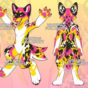 May include: A digital illustration of a stylized canine character in a dynamic pose, featuring a vibrant color palette of yellow, pink, black, and white. The character has a spotted pattern and the text "WAITING FOR ADOPT".