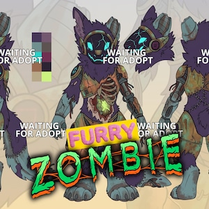 May include: A digital character reference sheet featuring a purple, zombie-themed creature with mechanical parts, exposed ribs, and glowing blue facial features. The text WAITING FOR ADOPT and FURRY ZOMBIE is overlaid on the character illustrations.