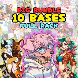 Può includere: Un pacchetto di arte digitale con 10 basi di personaggi antropomorfi. L'immagine mostra il testo BIG BUNDLE 10 BASES FULL PACK sopra un collage di vari personaggi animali illustrati, tra cui un cane con occhiali e un collare borchiato.