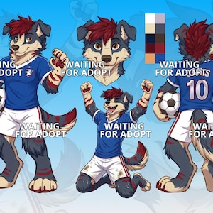 May include: A digital character reference sheet featuring an anthropomorphic dog with dark fur, red hair, and tiger-like stripes. The character wears a blue soccer jersey with the number 10 and white shorts, holding a soccer ball. Text reads WAITING FOR ADOPT.