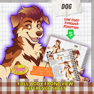 Puede incluir: Una ilustración digital de un personaje de perro antropomórfico marrón y bronceado con un brillo púrpura. La imagen incluye texto que dice DOG, LOW COST FURSONA ADOPTION, FURY PLACE y una tarjeta de historia de personaje editable llamada Rusty Swirl.