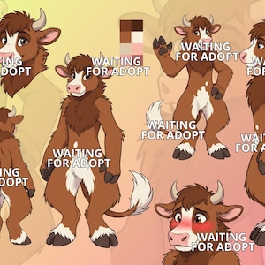 May include: A digital character reference sheet featuring an anthropomorphic brown cow with white markings, horns, and hooves. The illustration displays multiple poses including a headshot, full-body front, back, and side views, and a blushing face.