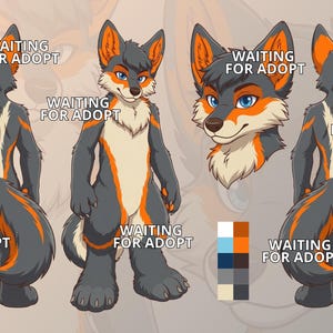 Puede incluir: Ilustración digital de un personaje parecido a un zorro en varias poses, con una combinación de colores gris y naranja. El personaje tiene ojos azules y un pecho blanco. El texto "WAITING FOR ADOPT" está superpuesto en la imagen. Se incluye una paleta de colores.