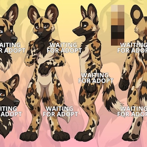 May include: A digital character reference sheet featuring an anthropomorphic African wild dog with a spotted tan, black, and white coat. The illustration displays multiple views including headshots, a front view, a side profile, and a back view.