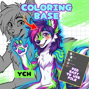 May include: A colorful cartoon wolf character with a vibrant design, featuring shades of green, blue, purple, and pink. The image includes the text "COLORING BASE" and "YCH", along with a "PSD EASY TO USE FILE" label.