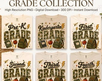 Back to School Grade PNG Bundle, Pre-K Kindergarten First Second Third Fourth Grade Shirt Design, Camo Bow School PNG Sublimation