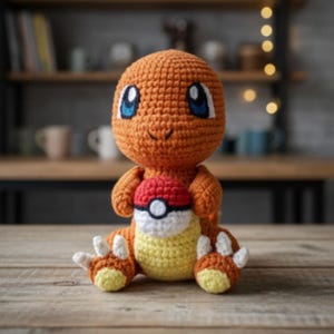 May include: A handmade orange crochet Charmander doll with blue eyes and a smiling expression. The doll is holding a red, white, and black Pokeball. The doll is sitting on a wooden surface.