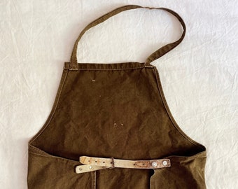 French Vintage Canvas Apron. Gardening or Workshop Apron. Warm Ochre Brown Color.