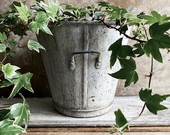 Seau en zinc antique français. Petit seau rustique en métal gris. Jardinière de style ferme ou vase rustique. Décoration de mariage/jardin country chic.