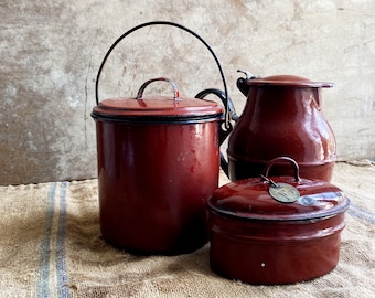 French Vintage Enamelware Set. Coffee Pot & 2 Canisters. Brocante Kitchen Decor. Collectible Enamelware. Photo Styling Props