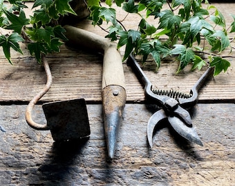Conjunto de herramientas de jardinería antiguas francesas. Dibber de madera antiguo, azada manual de metal diminuta, tijeras de podar vintage. Decoración de jardín rústico. Accesorios de estilo fotográfico