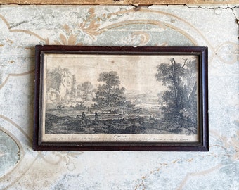 Rare French 18th Century Landscape Engraving. D'Après Bartholomée Bréembergh engraved by Pierre Q. Chedel. Antique Framed 'Paysage' .