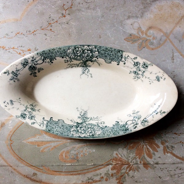 French Ironstone Serving Dish. Antique Transferware Oval 'Ravier' Platter. Boulenger Fécamp Pattern. Small Ceramic Plate. French Home Decor.