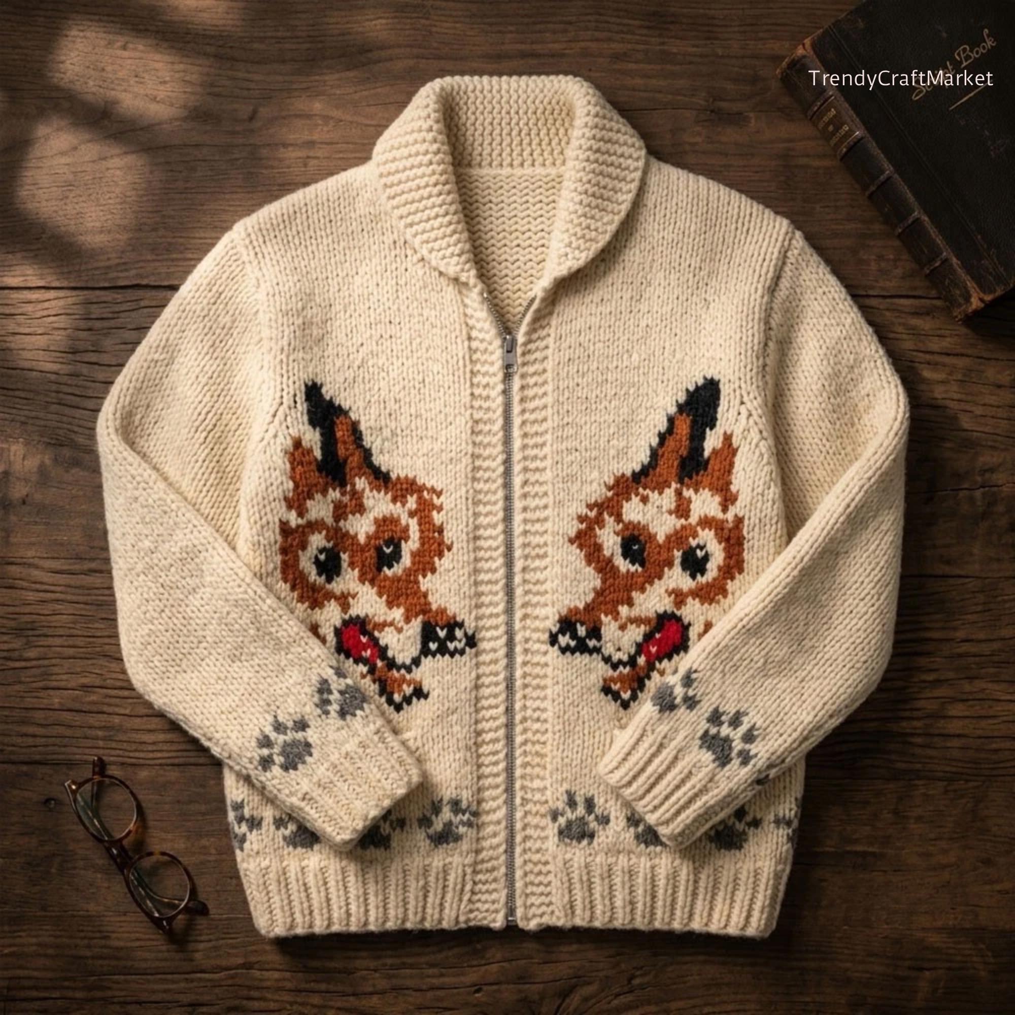 Chunky Nordic Knit Zip-Up Sweater: Cream Jacquard Animal, Wool Blend Cardigan