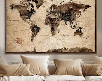 Vintage World Map Push Pin Canvas, Travel Tracker Map Print, Extra Large Map Wall Art