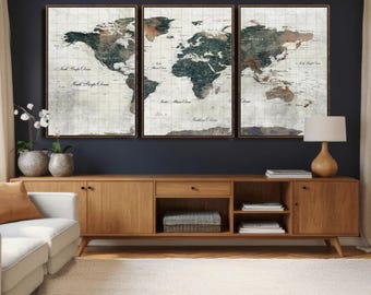Modern Colorful World Map Canvas Print, Push Pin Travel Map Wall Art, Ready to Hang