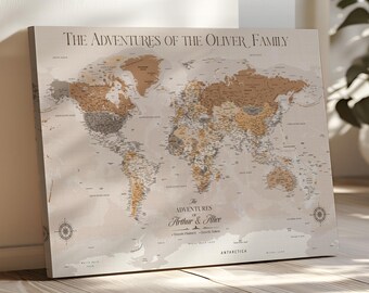 Custom World Map Canvas Print, Framed Travel Tracker, Couples Gift