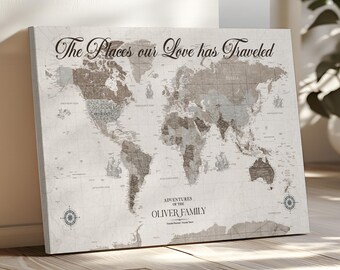 Custom Push Pin World Map Canvas, Travel Tracker Art for Couples