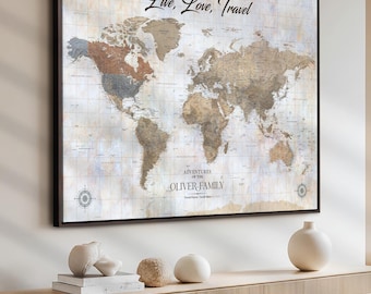 Custom Canvas World Map Art, Push Pin Travel Tracker
